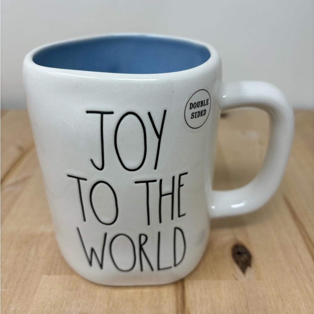 Rae Dunn Christmas JOY TO THE WORLD Mug Double Sided Blue Interior with Tree
